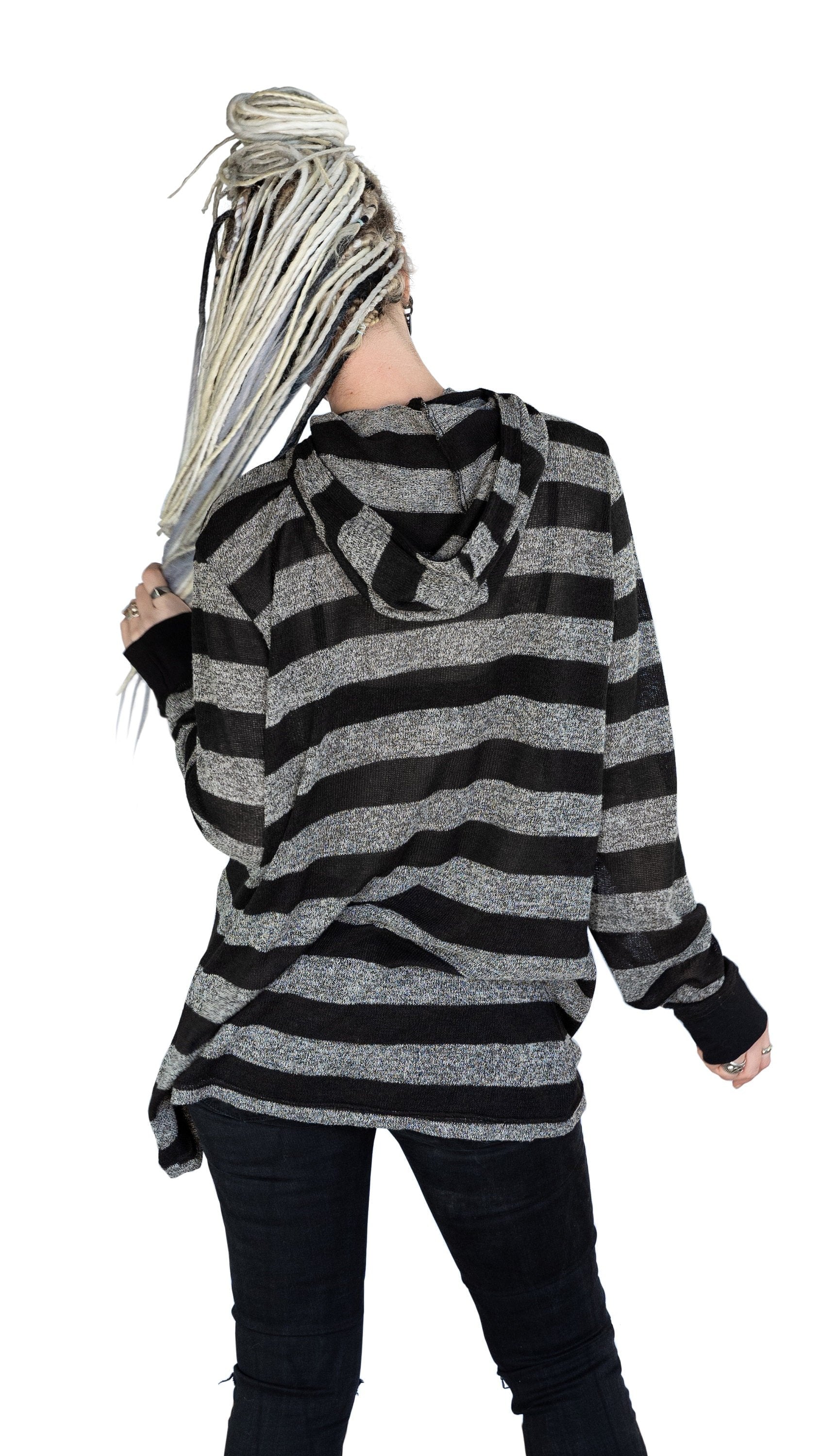 Gray black stripe long sleeve cowl hoodie knit top | Unisex