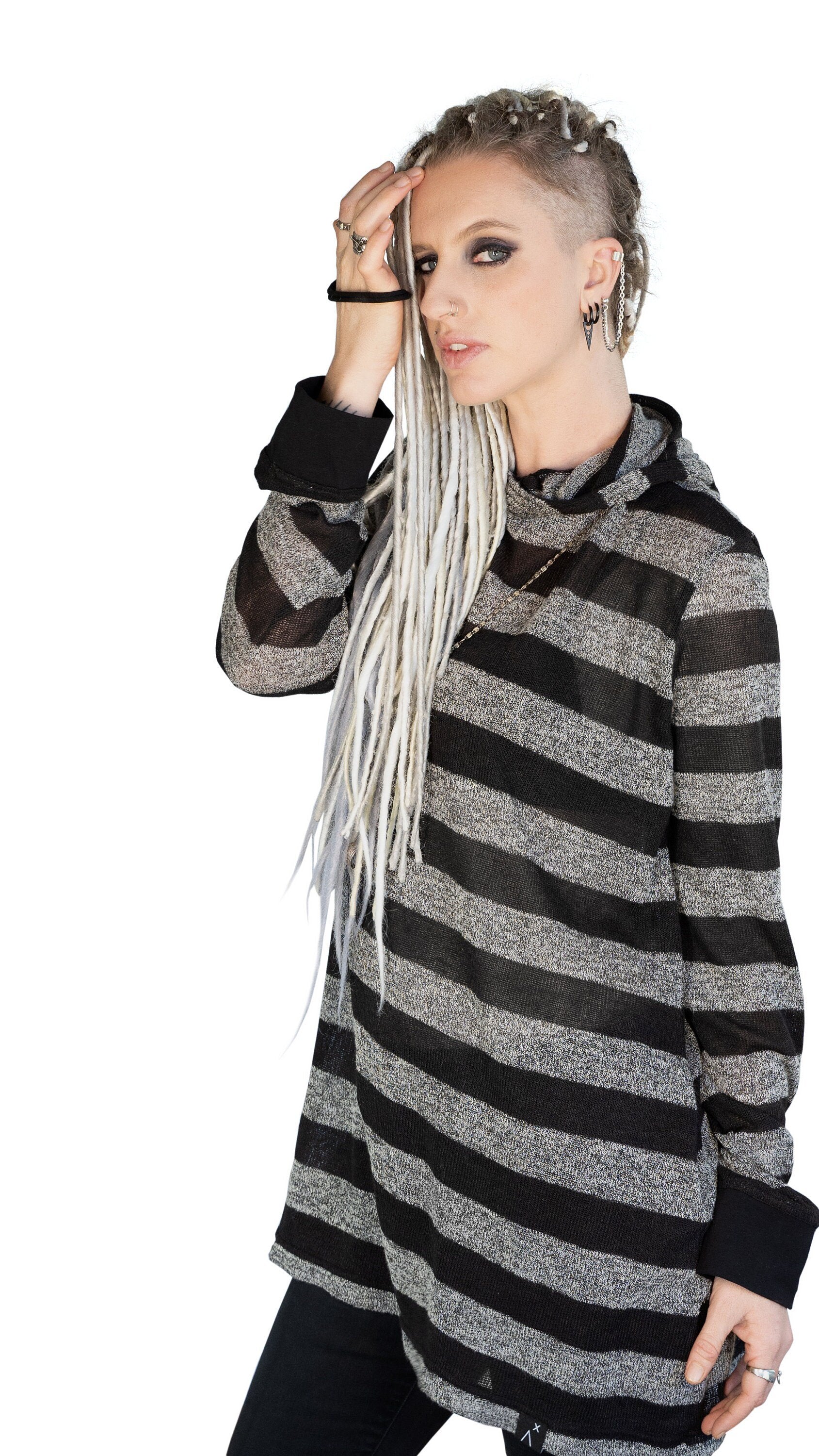 Gray black stripe long sleeve cowl hoodie knit top | Unisex