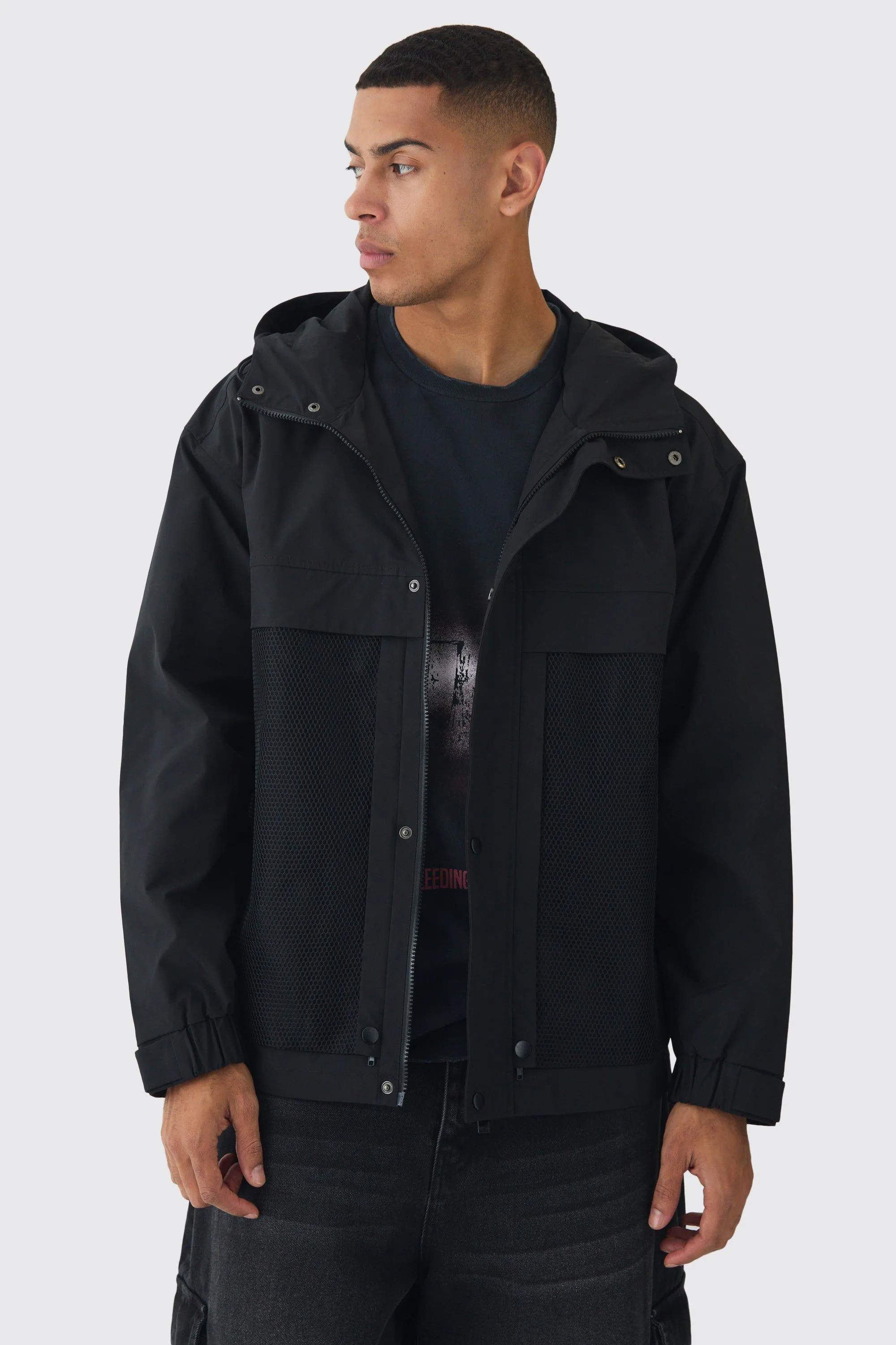 Hooded Mesh Panel Tech Parka In Black