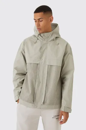 Hooded Mesh Panel Tech Parka In Stone