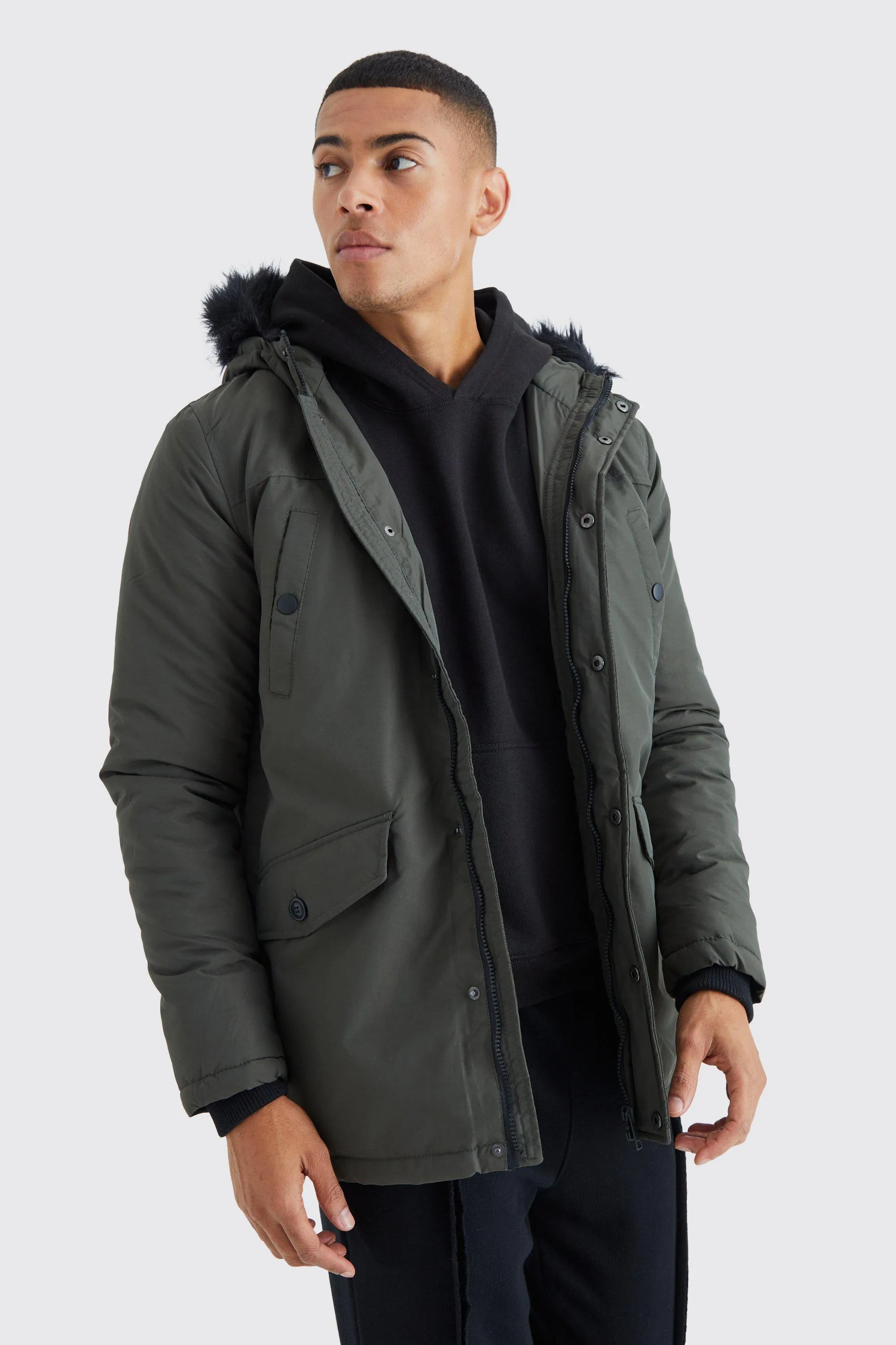 Hooded Parka With Faux Fur Trim