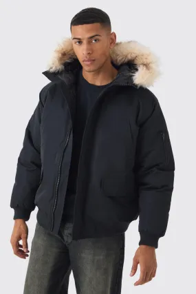 Hooded Parka With Removeable Faux Fur Trim In Black