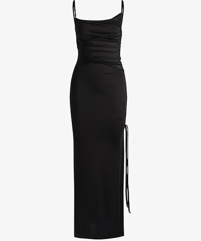 Hugo Womens Black Asymmetric-neckline ruching stretch-woven maxi dress