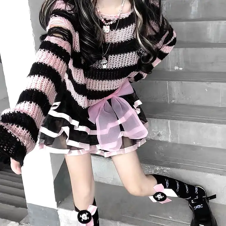 JAPANESE CUTE PUNK STRIPE KNIT SWEATER & SKIRT BY90031