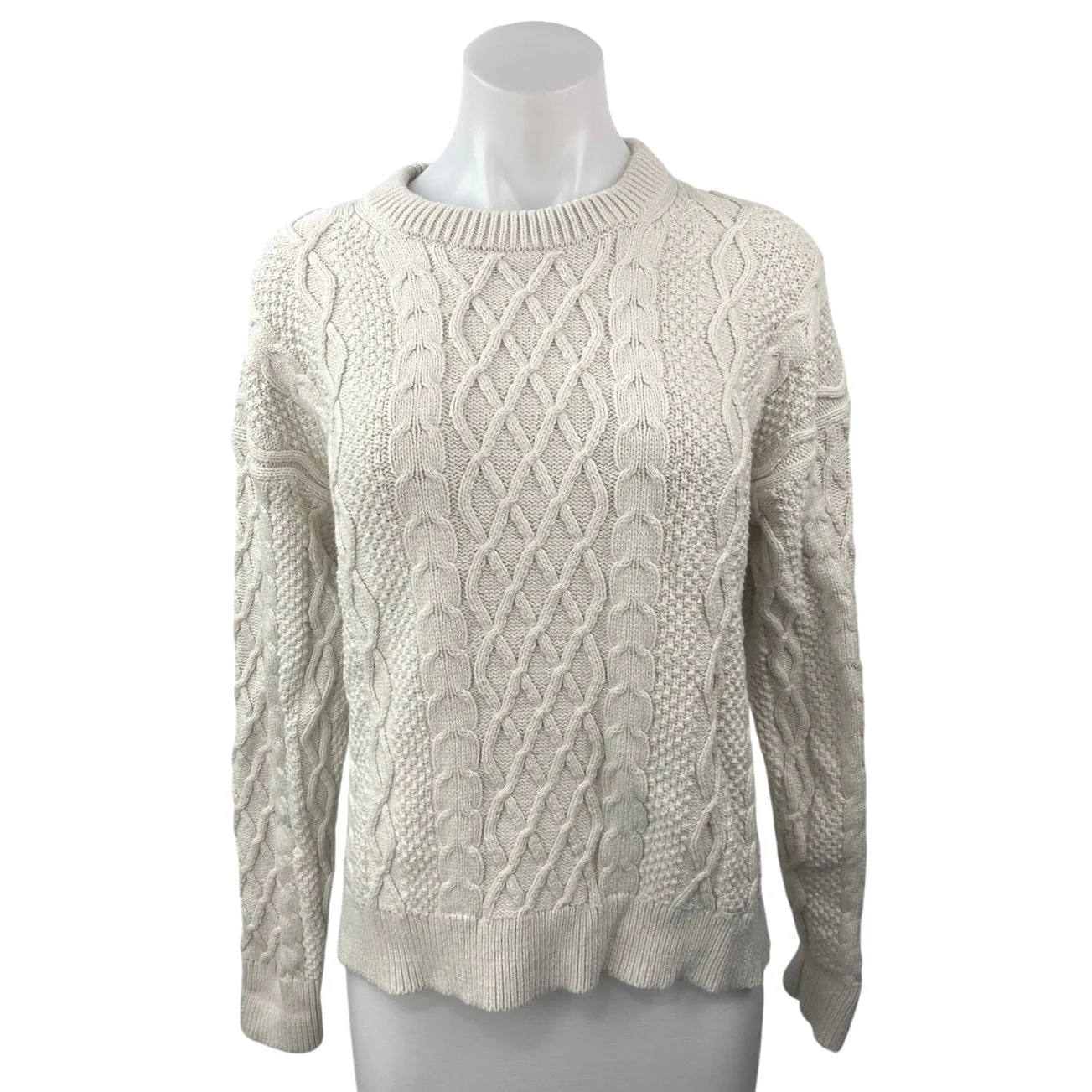 J.Crew Cream Women's Chunky Cable Knit Crewneck Pullover Sweater Top Size L