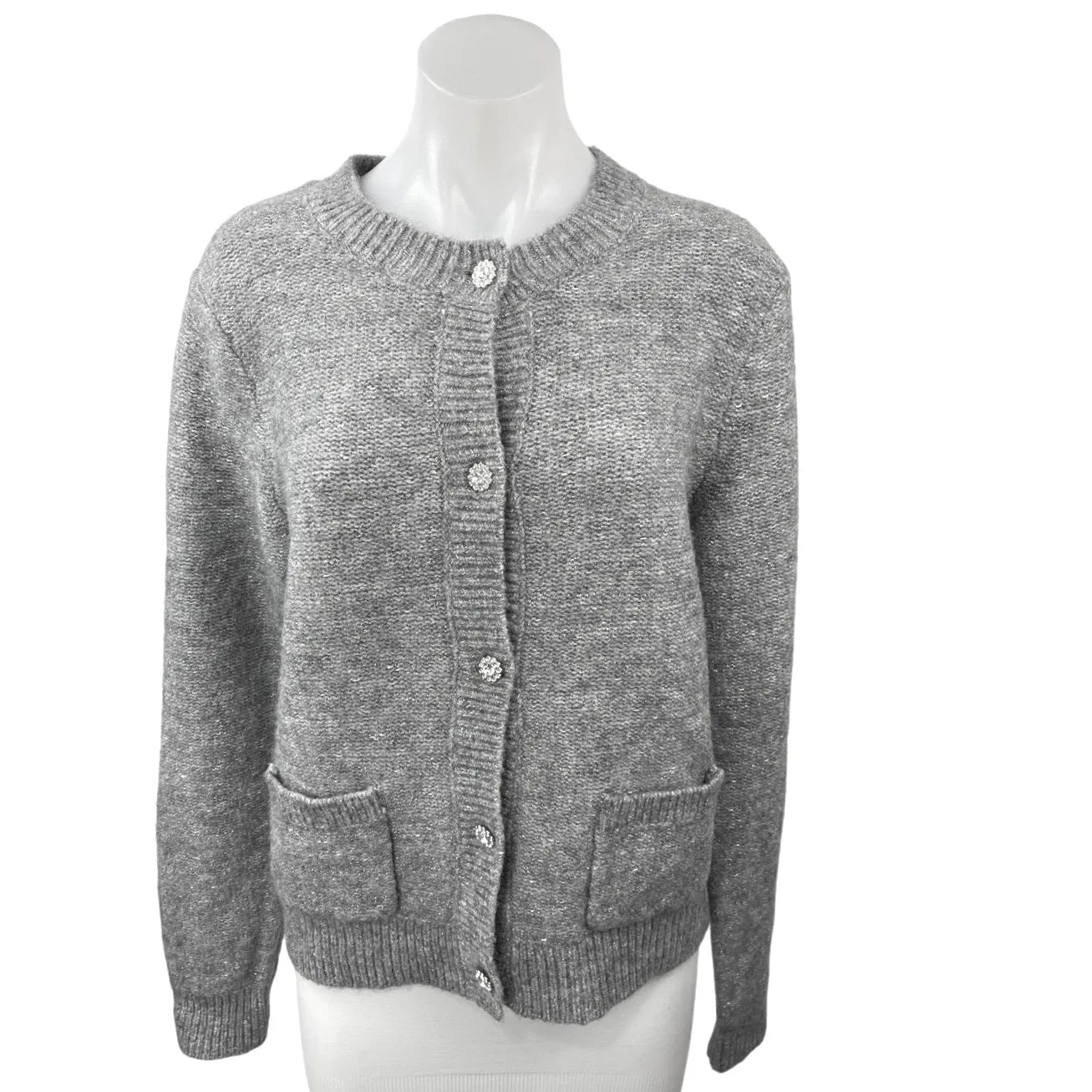 J.Crew Women's Gray Rhinestone Pocket Button Up Cardigan Sweater Top Size L