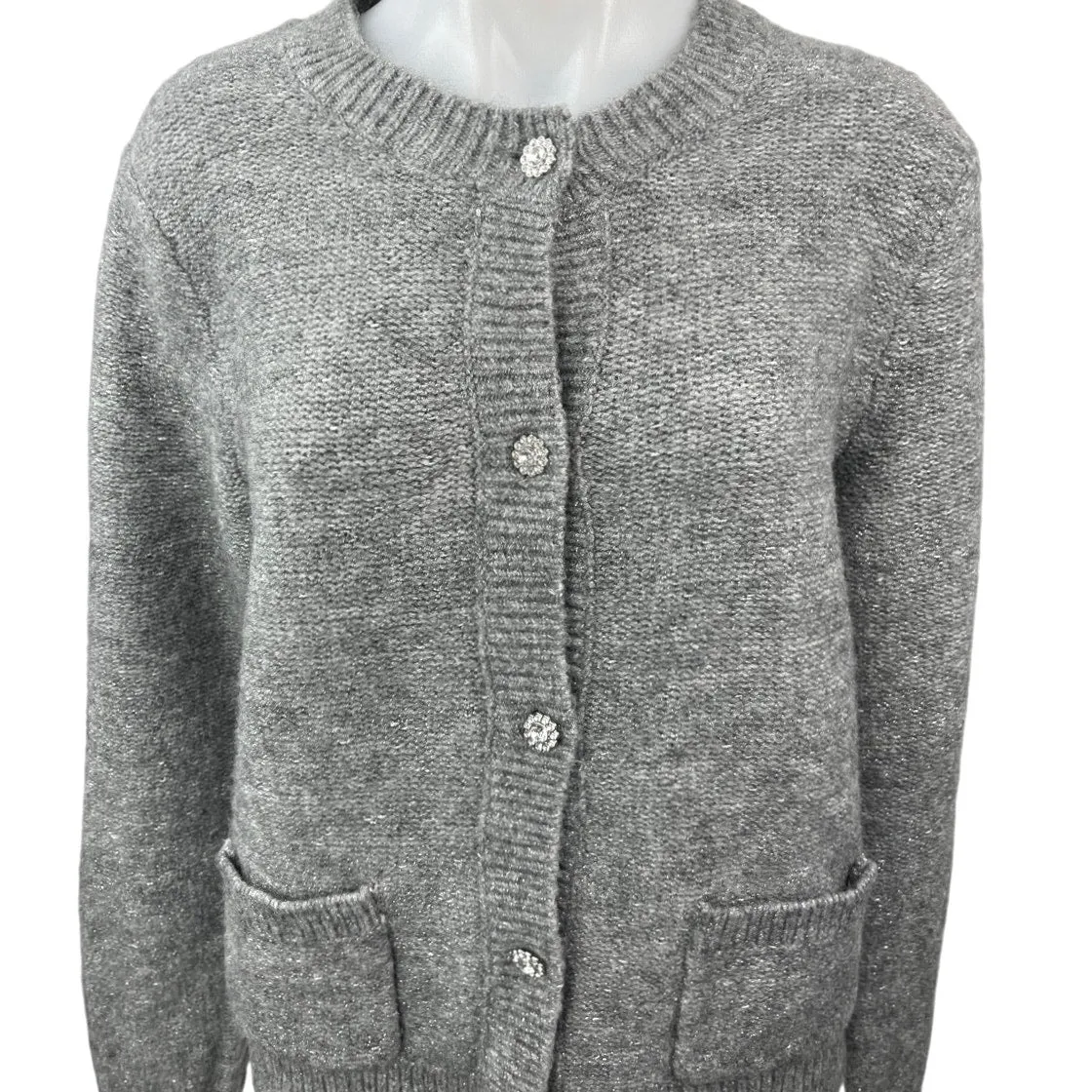 J.Crew Women's Gray Rhinestone Pocket Button Up Cardigan Sweater Top Size L