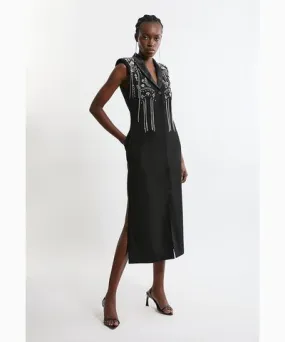 Karen Millen Tall Embellished Detail Plunge Collared Woven Maxi Dress