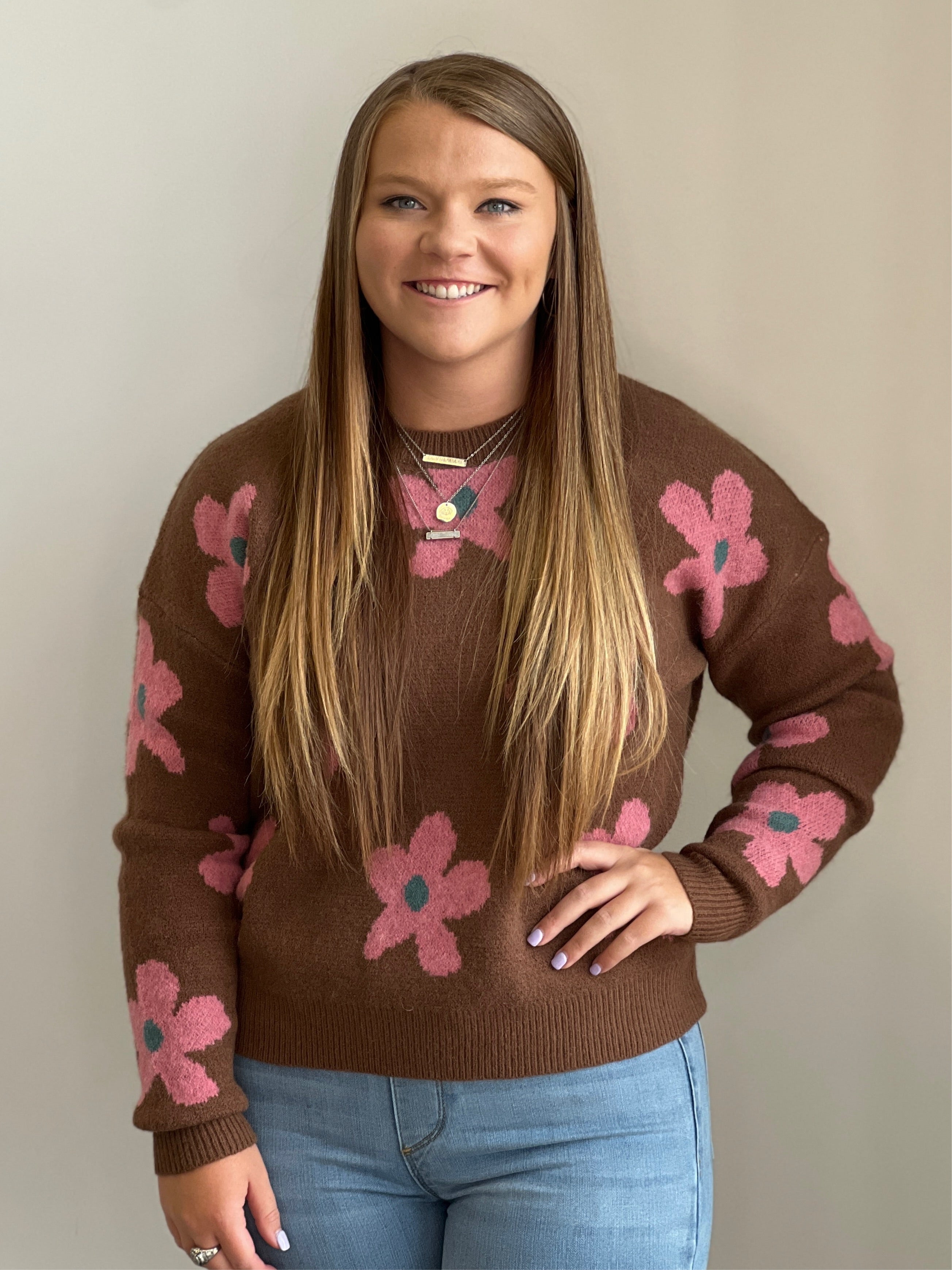 Kaylynn Pink Floral Brown Sweater