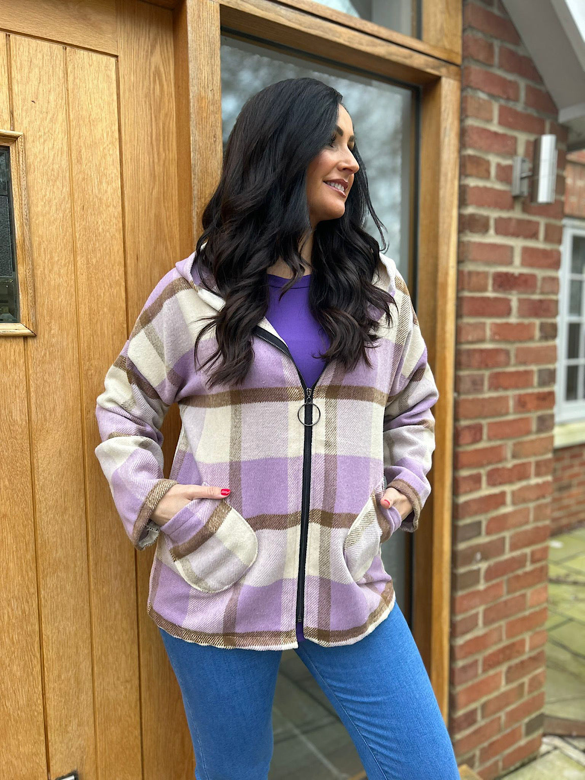 Lilac Checked Hooded Coat Adriana