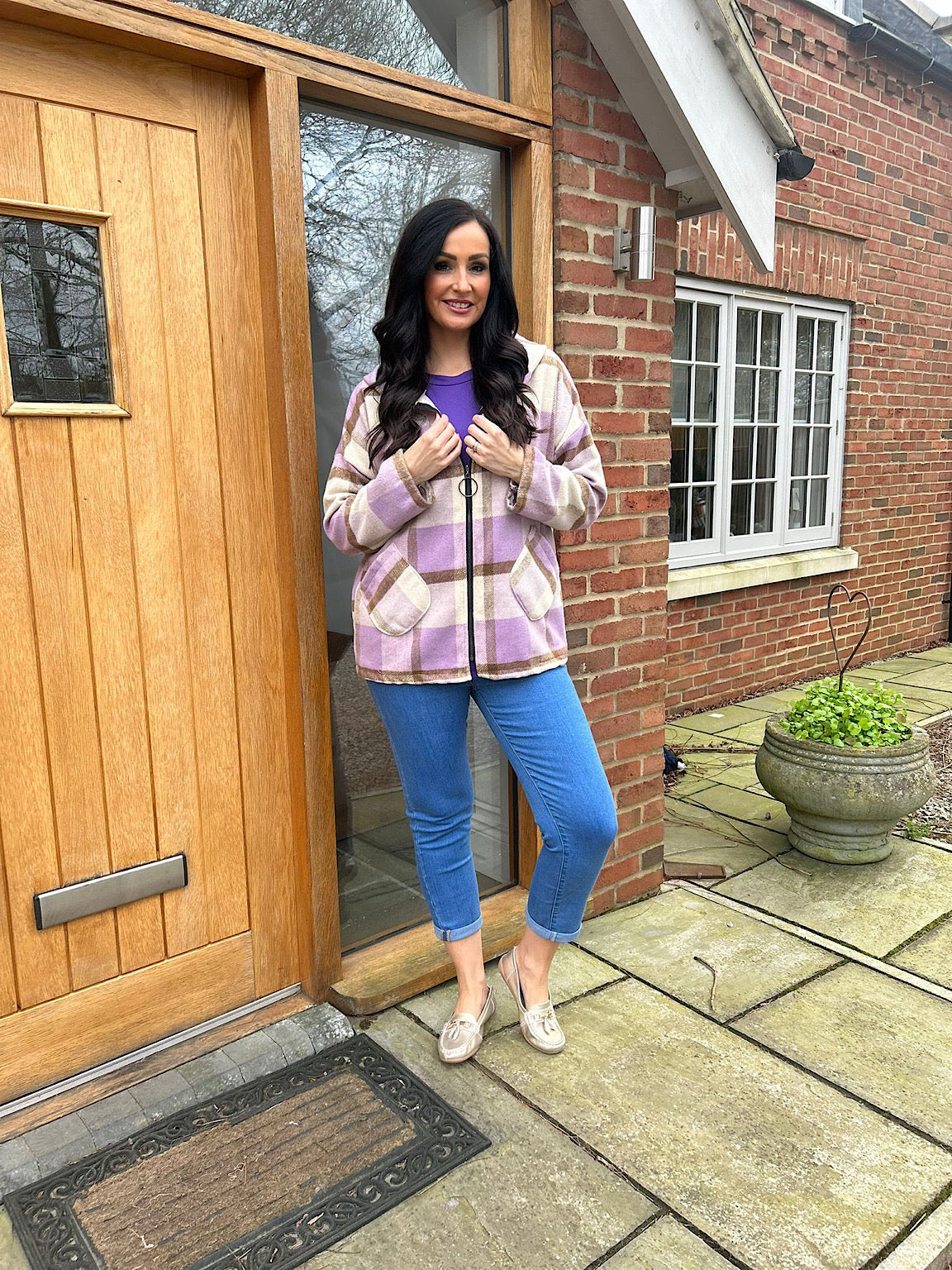 Lilac Checked Hooded Coat Adriana