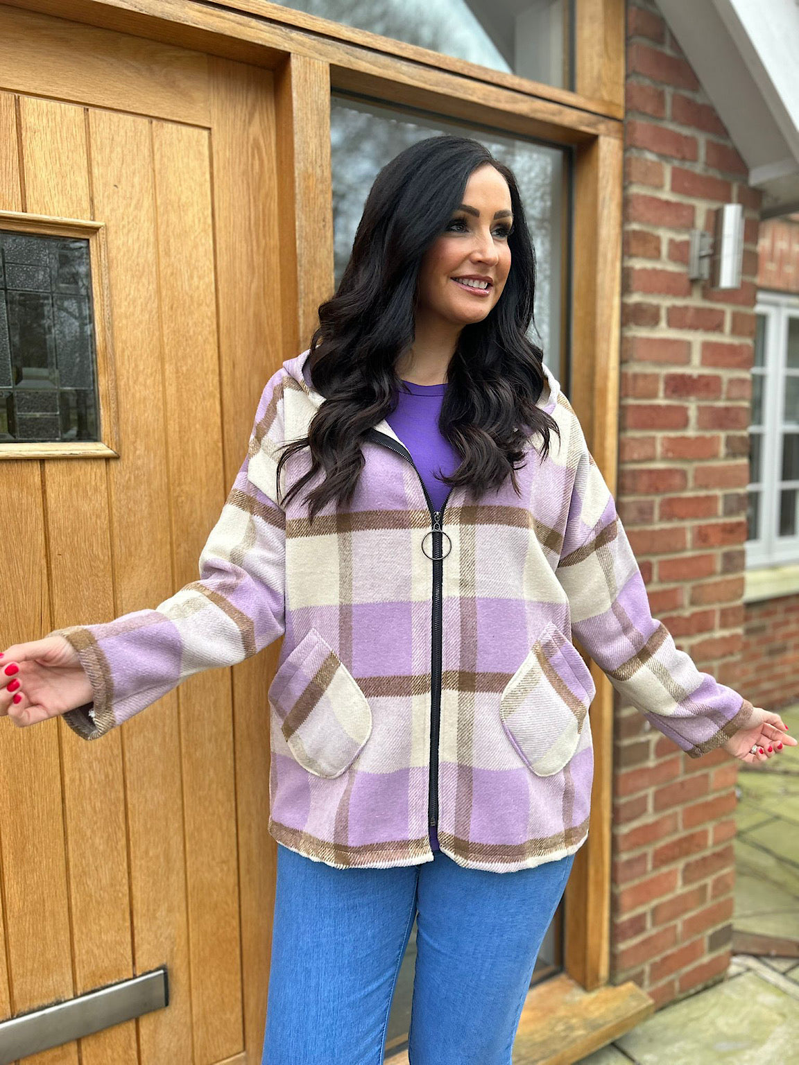 Lilac Checked Hooded Coat Adriana