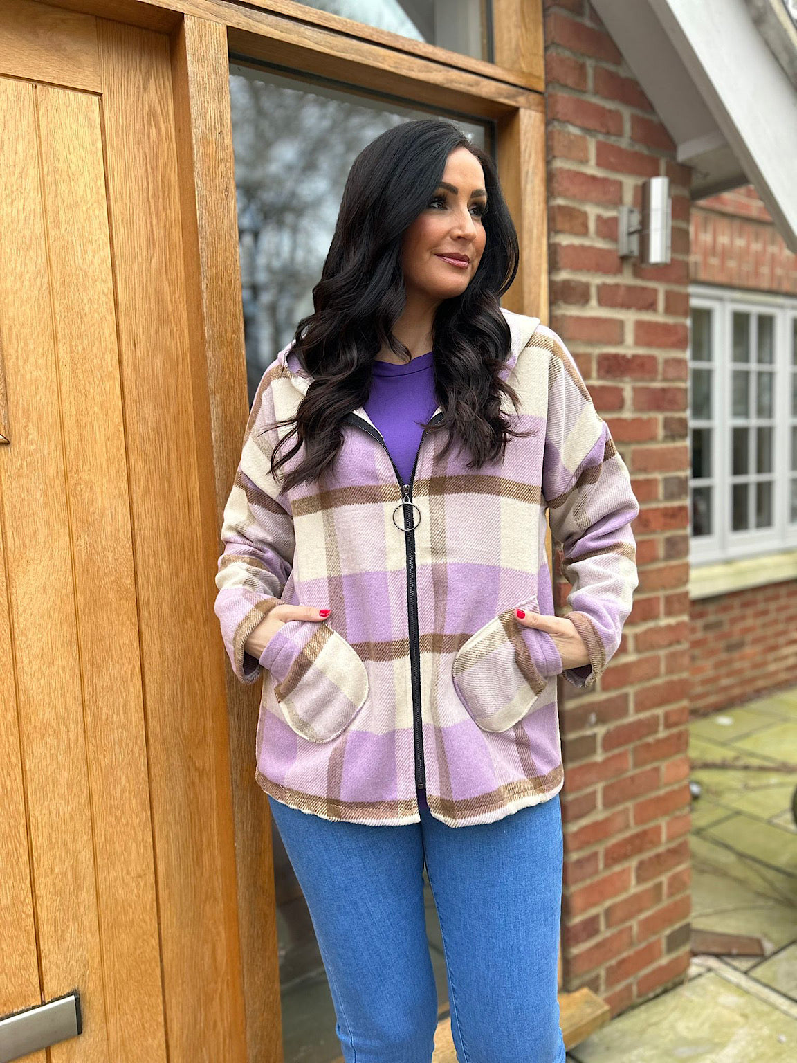 Lilac Checked Hooded Coat Adriana