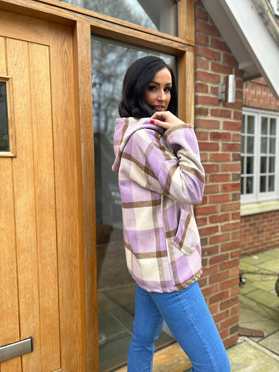 Lilac Checked Hooded Coat Adriana