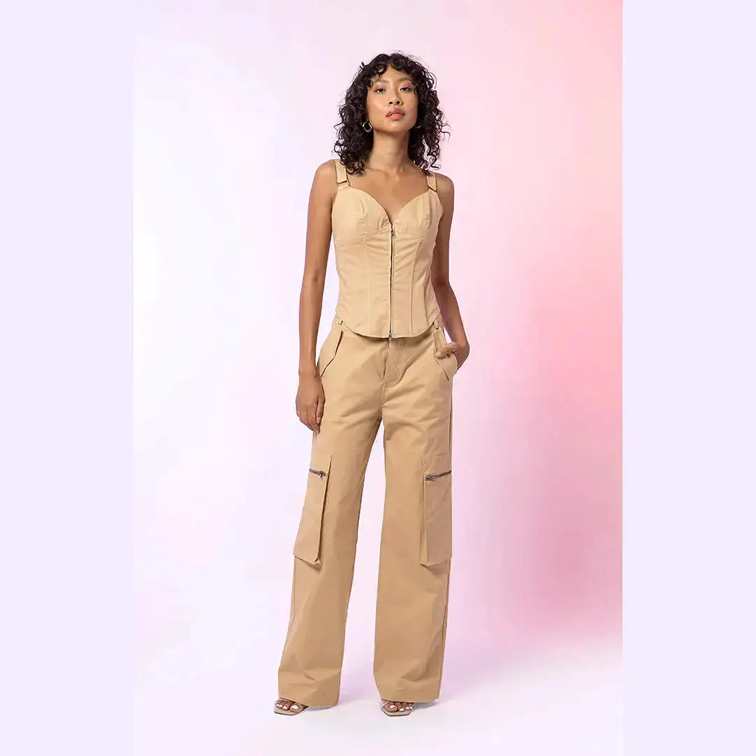 Line & Dot Vivienne Wide Leg Cargo Pants in Khaki