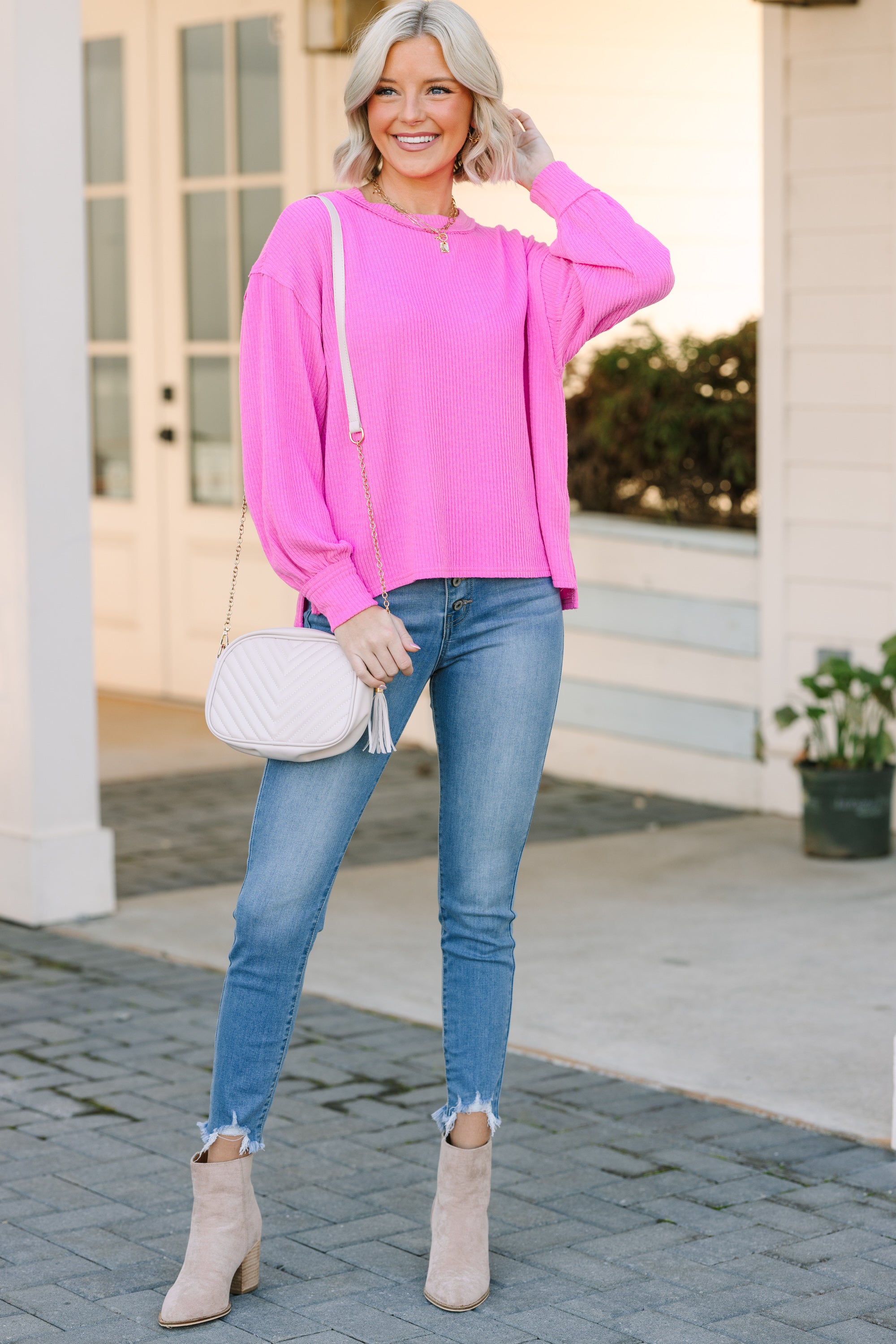 Living On Love Pink Textured Sweater