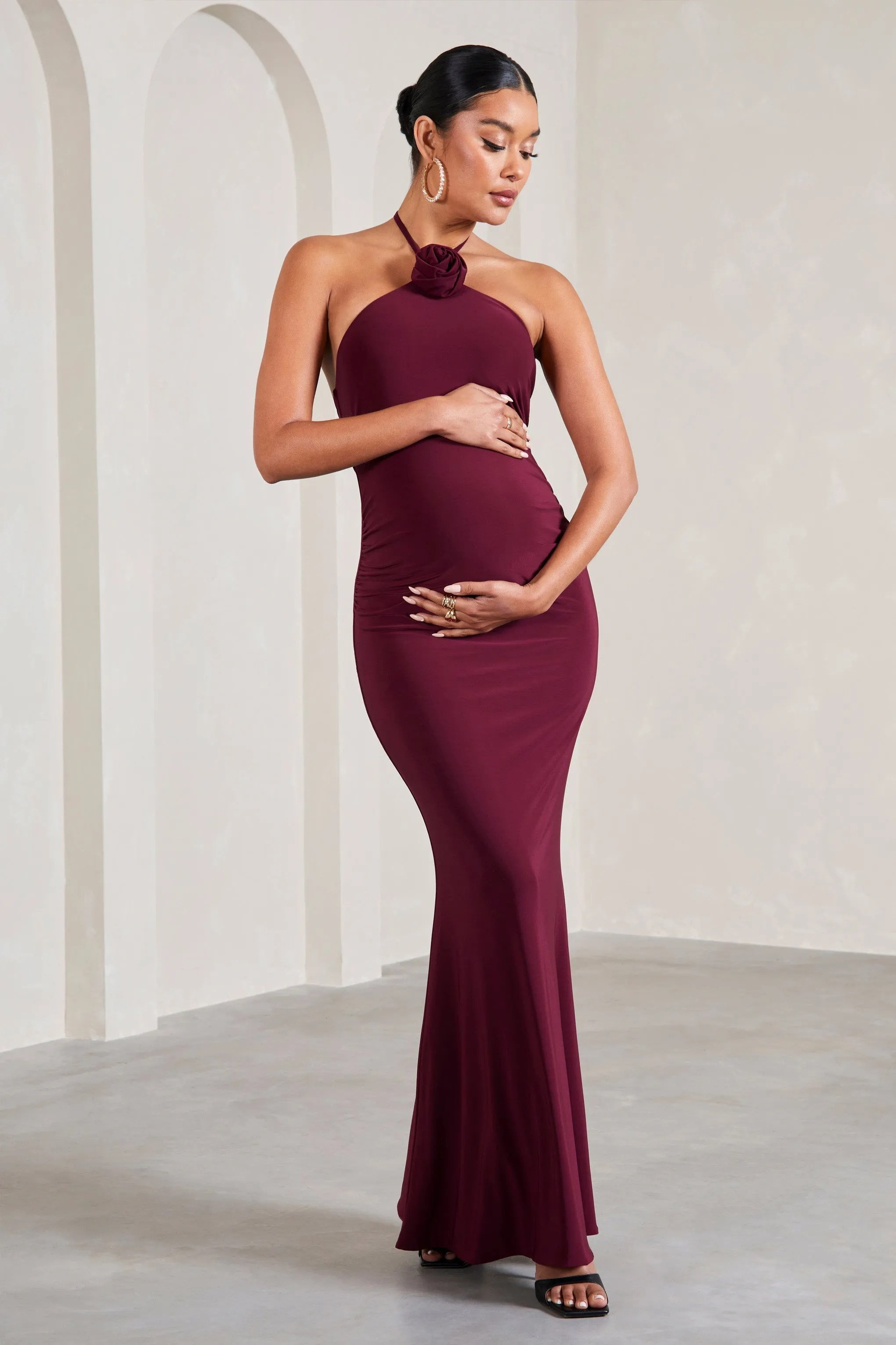 Loving | Burgundy Halter-Neck Maternity Maxi Dress With Flower Corsage