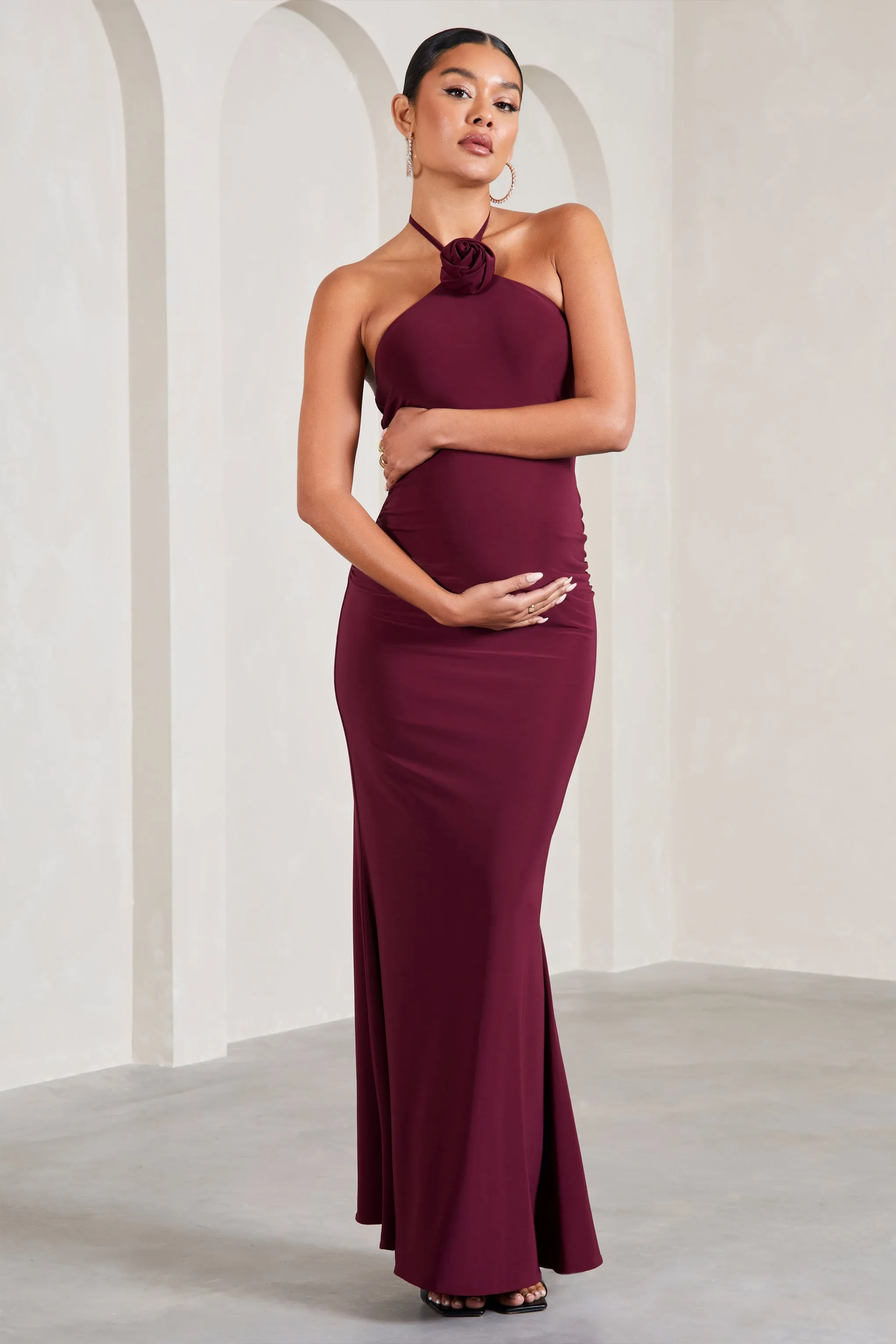 Loving | Burgundy Halter-Neck Maternity Maxi Dress With Flower Corsage