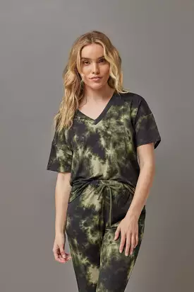 Majestic French Tie Dye Semi Relaxed V Neck in Kaki