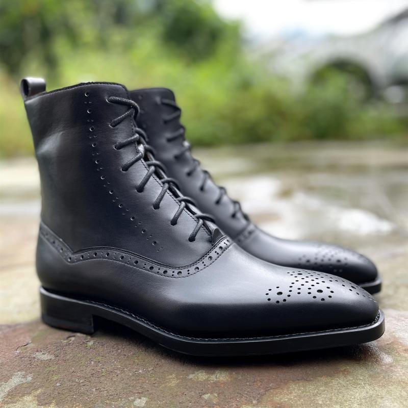 Men's Italian Calf Leather Black Welted Point Toe Motorcycle Ankle Boots