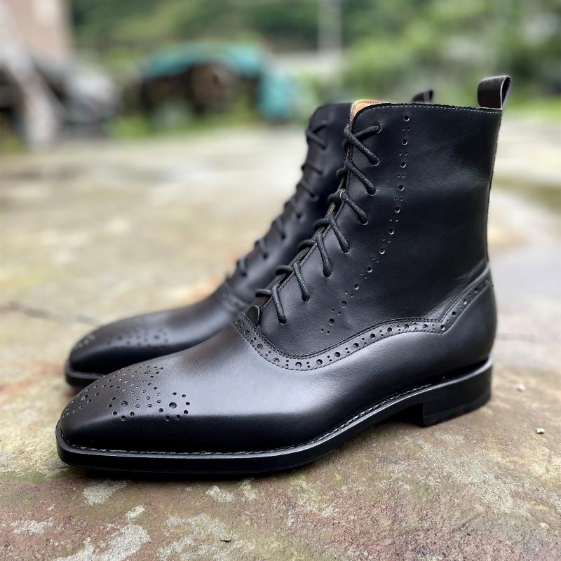 Men's Italian Calf Leather Black Welted Point Toe Motorcycle Ankle Boots