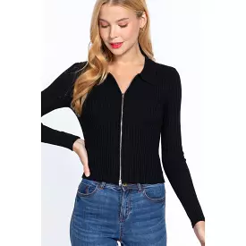 Notched Collar Zippered Sweater