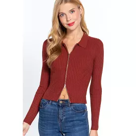 Notched Collar Zippered Sweater