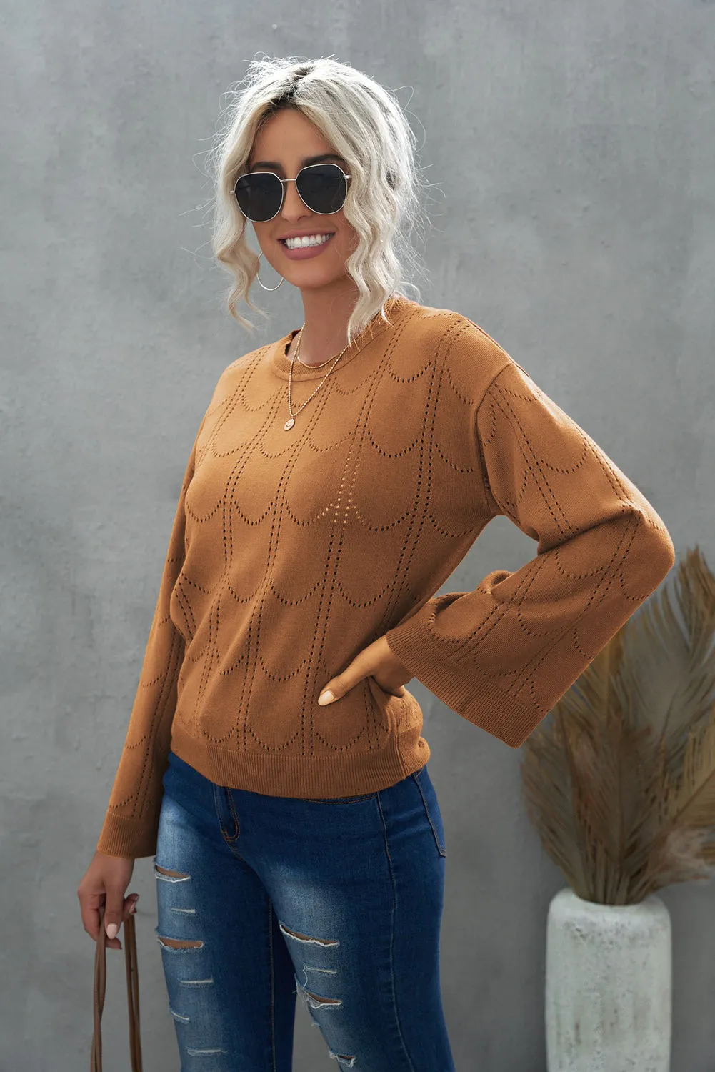 Openwork Flare Sleeve Pullover Sweater