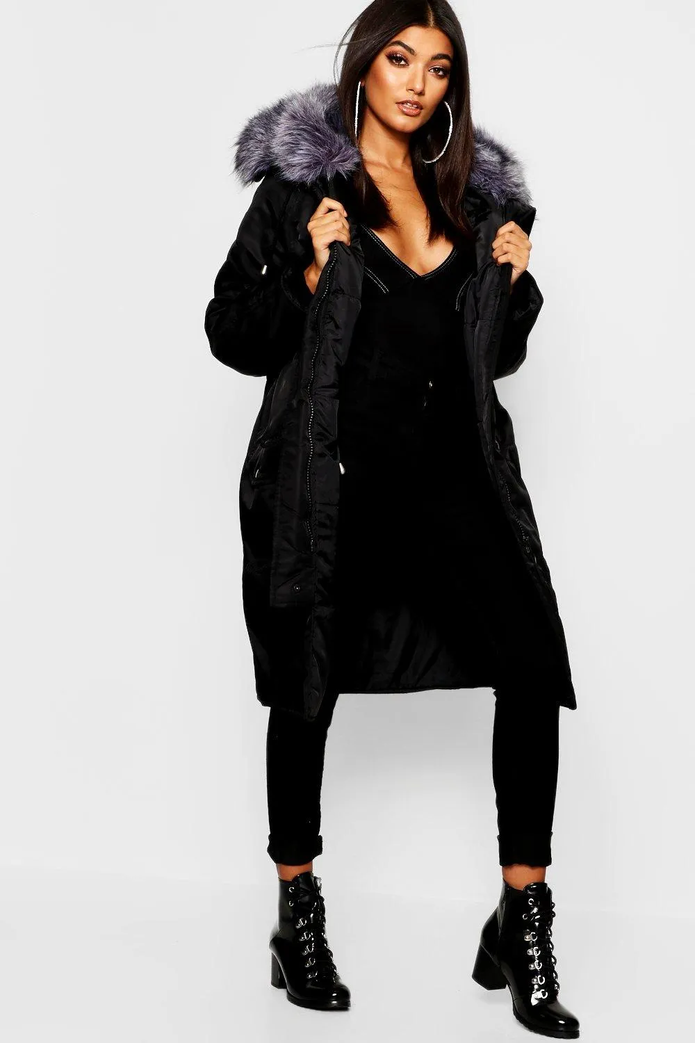 Oversized Faux Fur Fly Hood Luxe Parka Coat