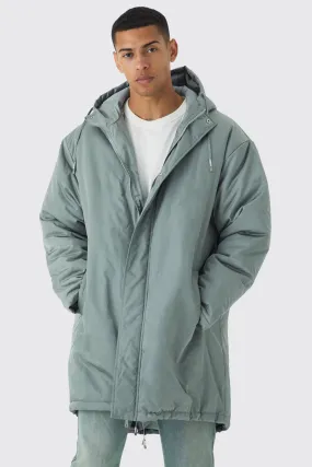 Oversized Satin Padded Longline Parka In Sage