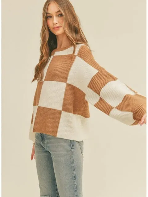 Oversized Tan Checker Pullover Sweater