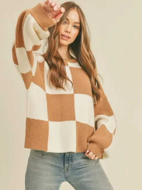 Oversized Tan Checker Pullover Sweater