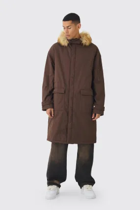 Oversized Twill Parka With Faux Fur Hood Trim In Chocolate