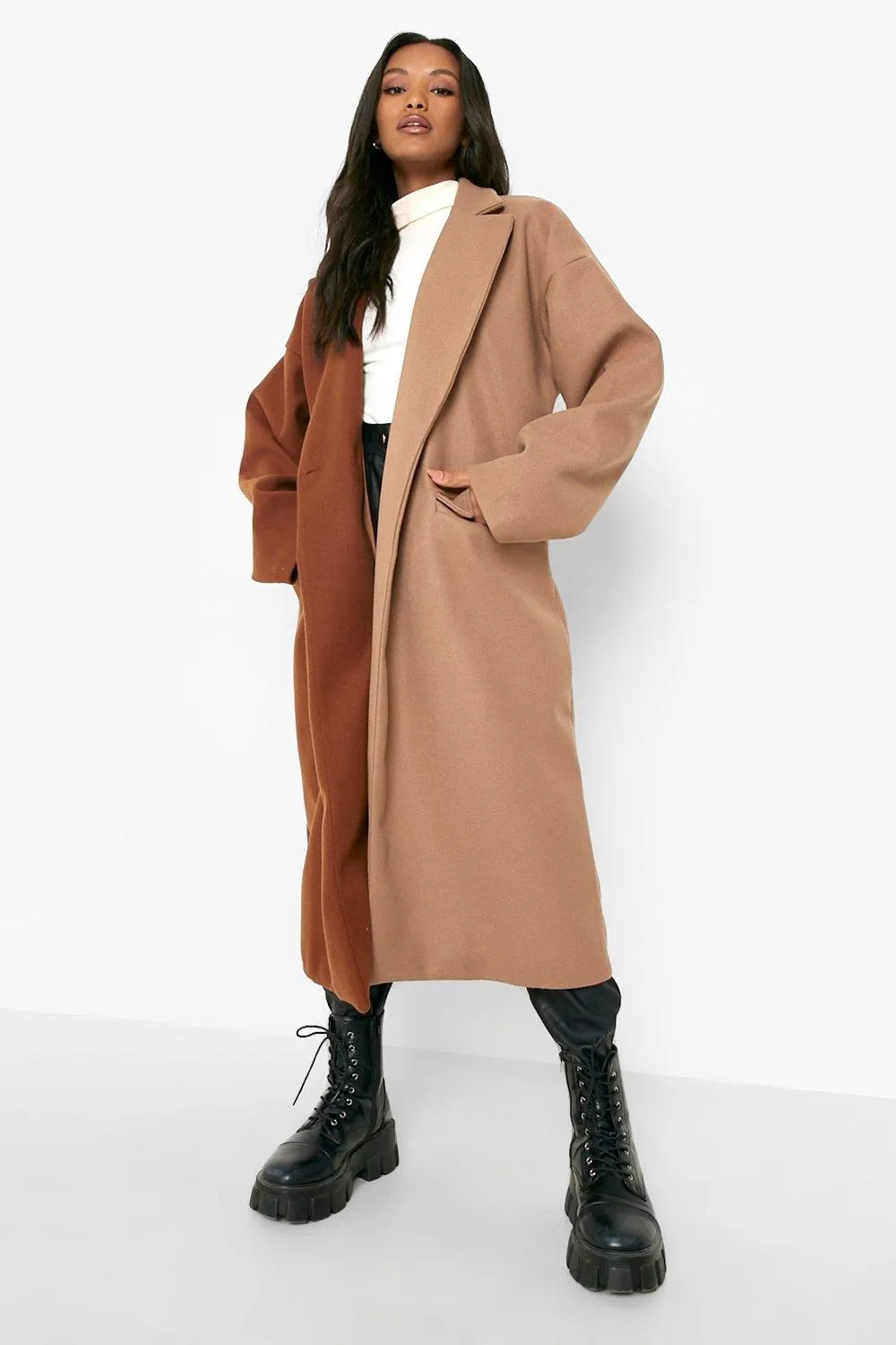 Petite Tonal Colorblock Wool Look Long Coat