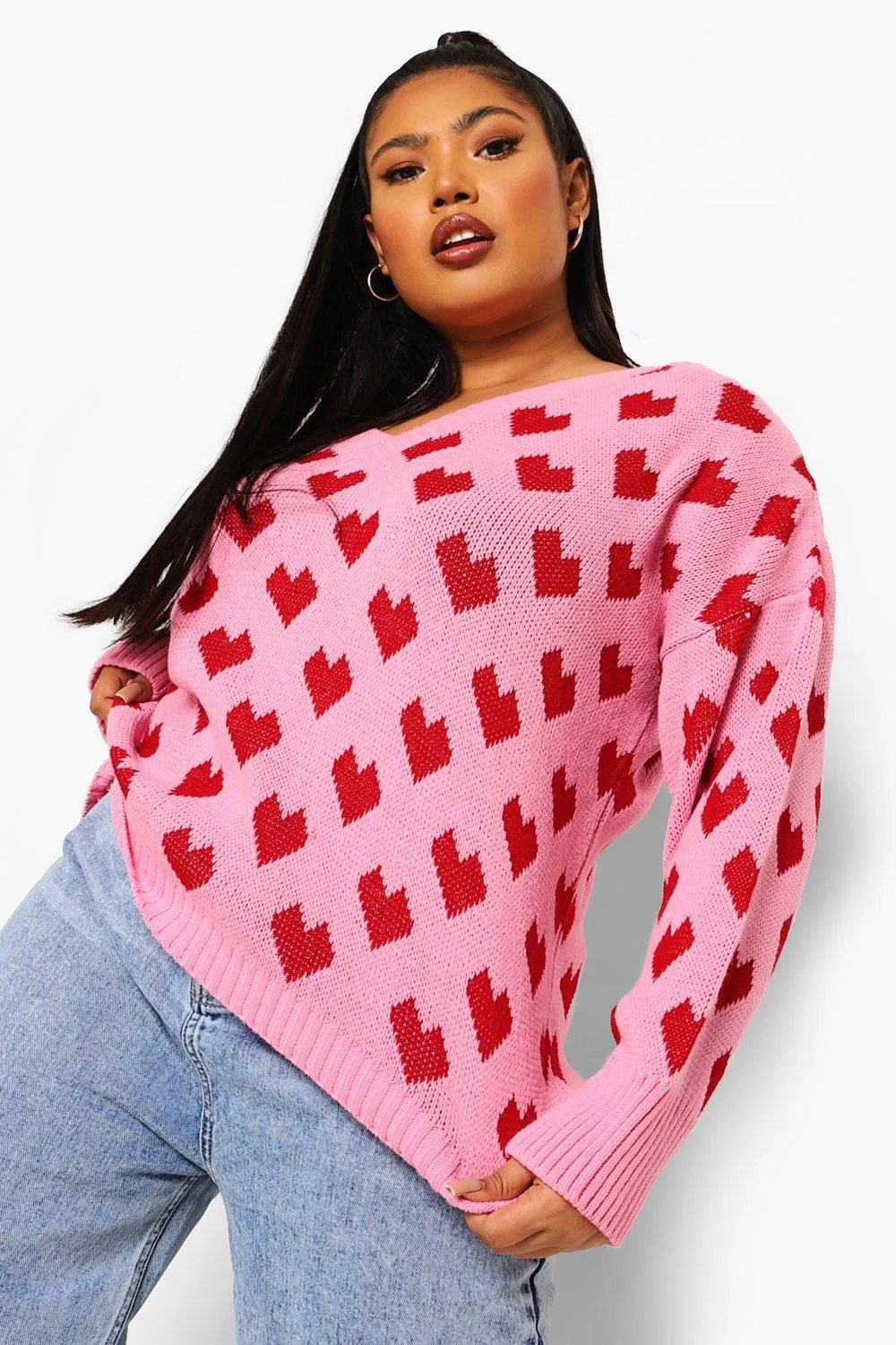 Plus Knitted All Over Heart Oversized Sweater