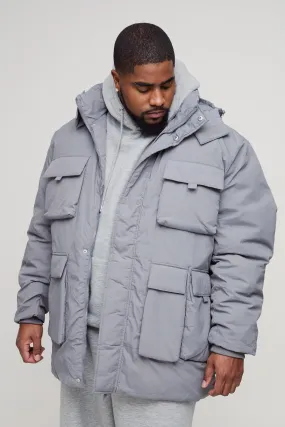 Plus Utility Pocket Hooded Parka Jacket In Grey