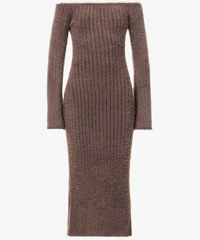 Pretty Lavish Womens Chocolate Plum Alora fluffy-texture knitted maxi dress