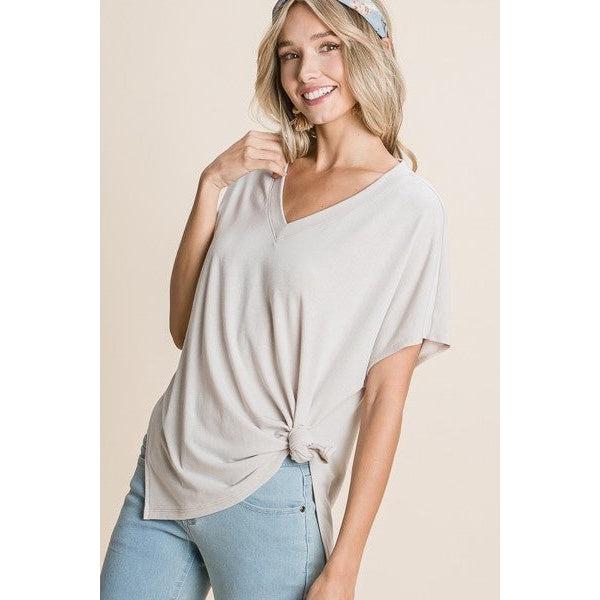 Solid V Neck Casual And Basic Top With Short Dolman Sleeves And Side Slit Hem