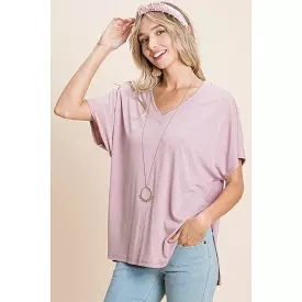 Solid V Neck Casual And Basic Top With Short Dolman Sleeves And Side Slit Hem