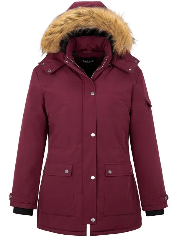 Soularge Women's Plus Size Waterproof Winter Puffer Coat with Faux fur Hood