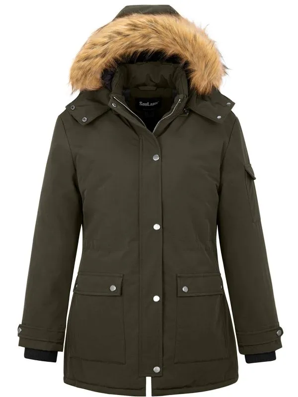 Soularge Women's Plus Size Waterproof Winter Puffer Coat with Faux fur Hood