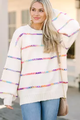 Stuck On You Cream White Rainbow Stitched Sweater