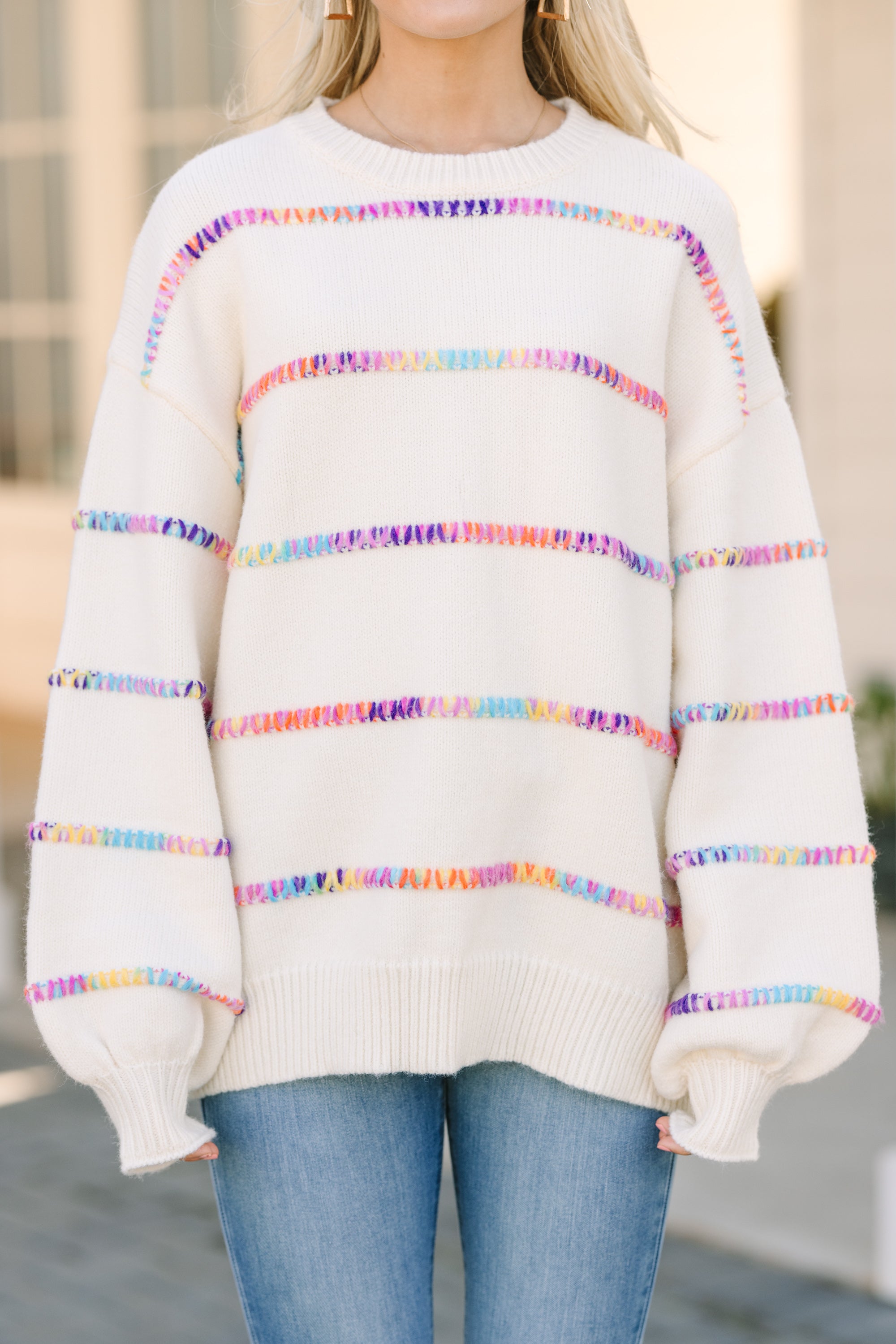 Stuck On You Cream White Rainbow Stitched Sweater