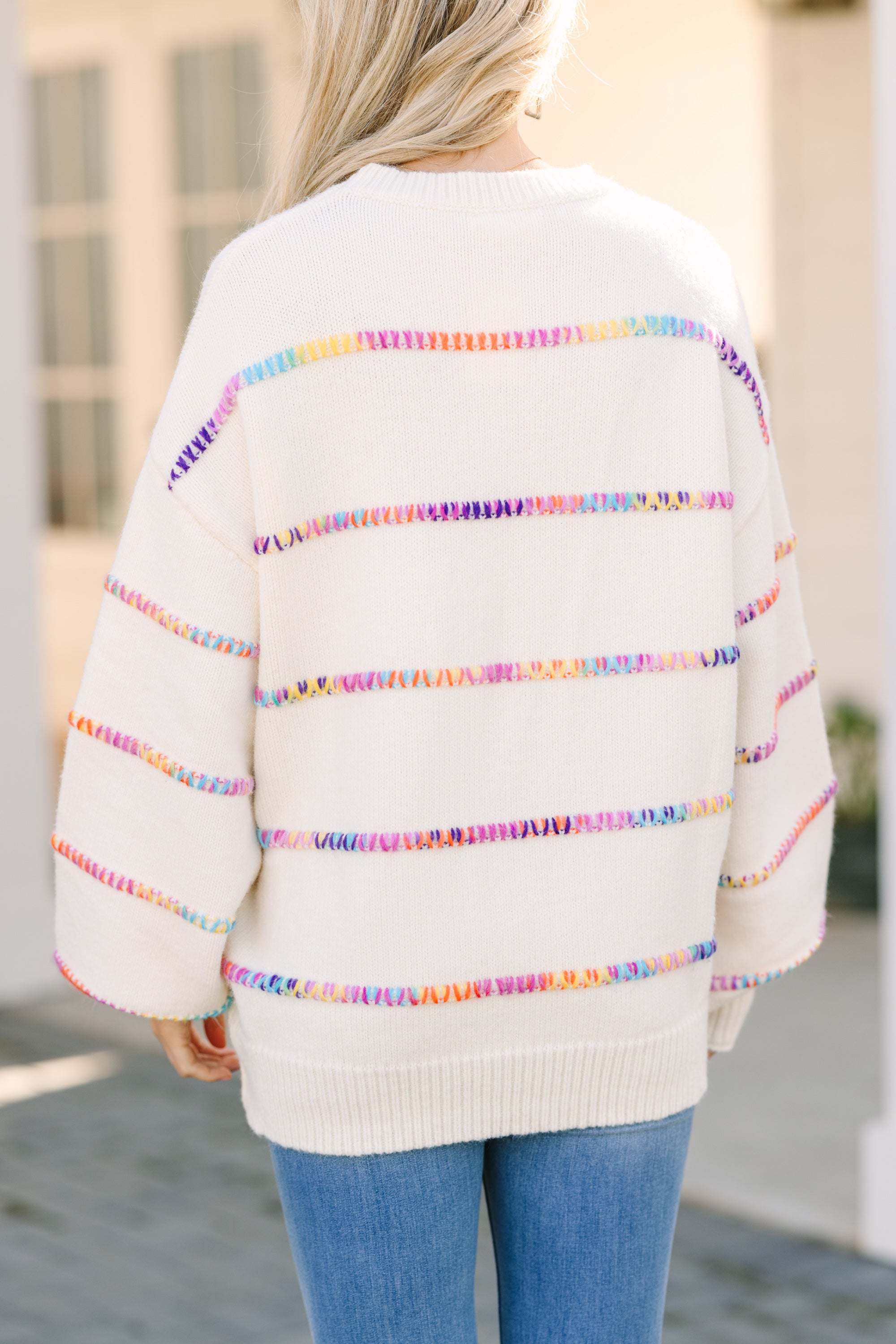 Stuck On You Cream White Rainbow Stitched Sweater