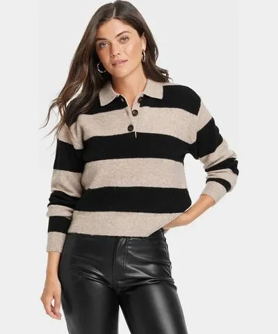 Universal Thread Women's Collared Pullover Sweater - Universal Thread™ Tan/Black Striped