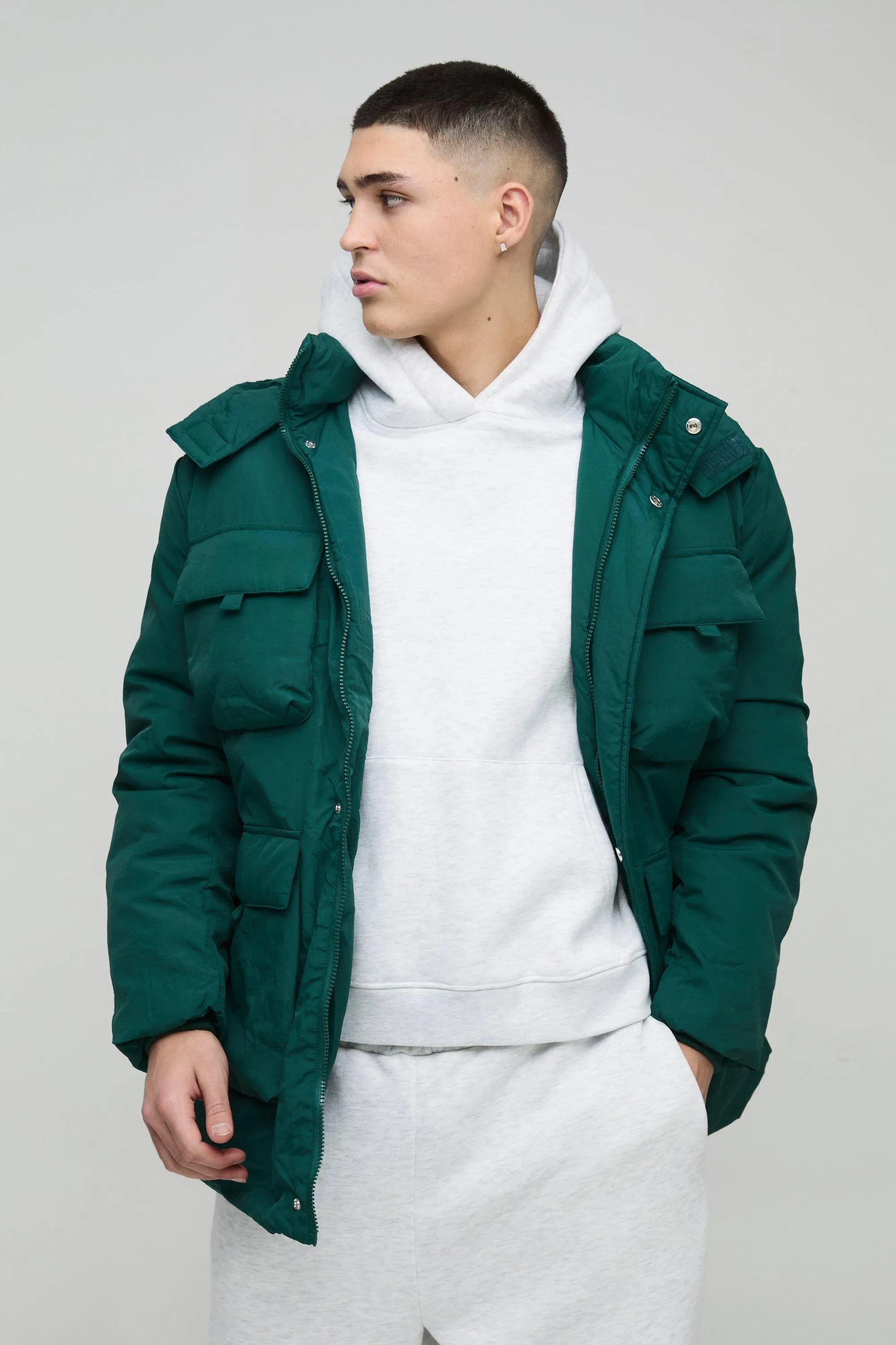 Utility Pocket Hooded Parka In Green