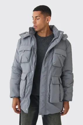 Utility Pocket Hooded Parka In Grey