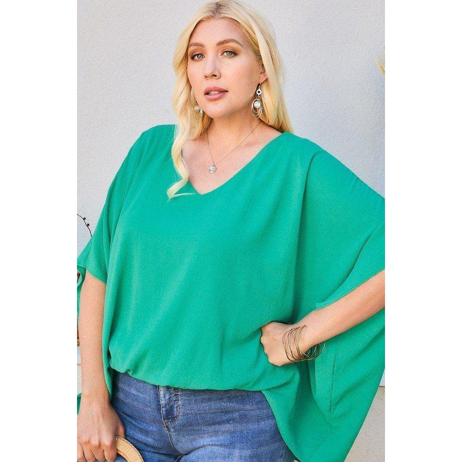 V Neck Dolman Sleeves Front Waist Elastic Solid Top