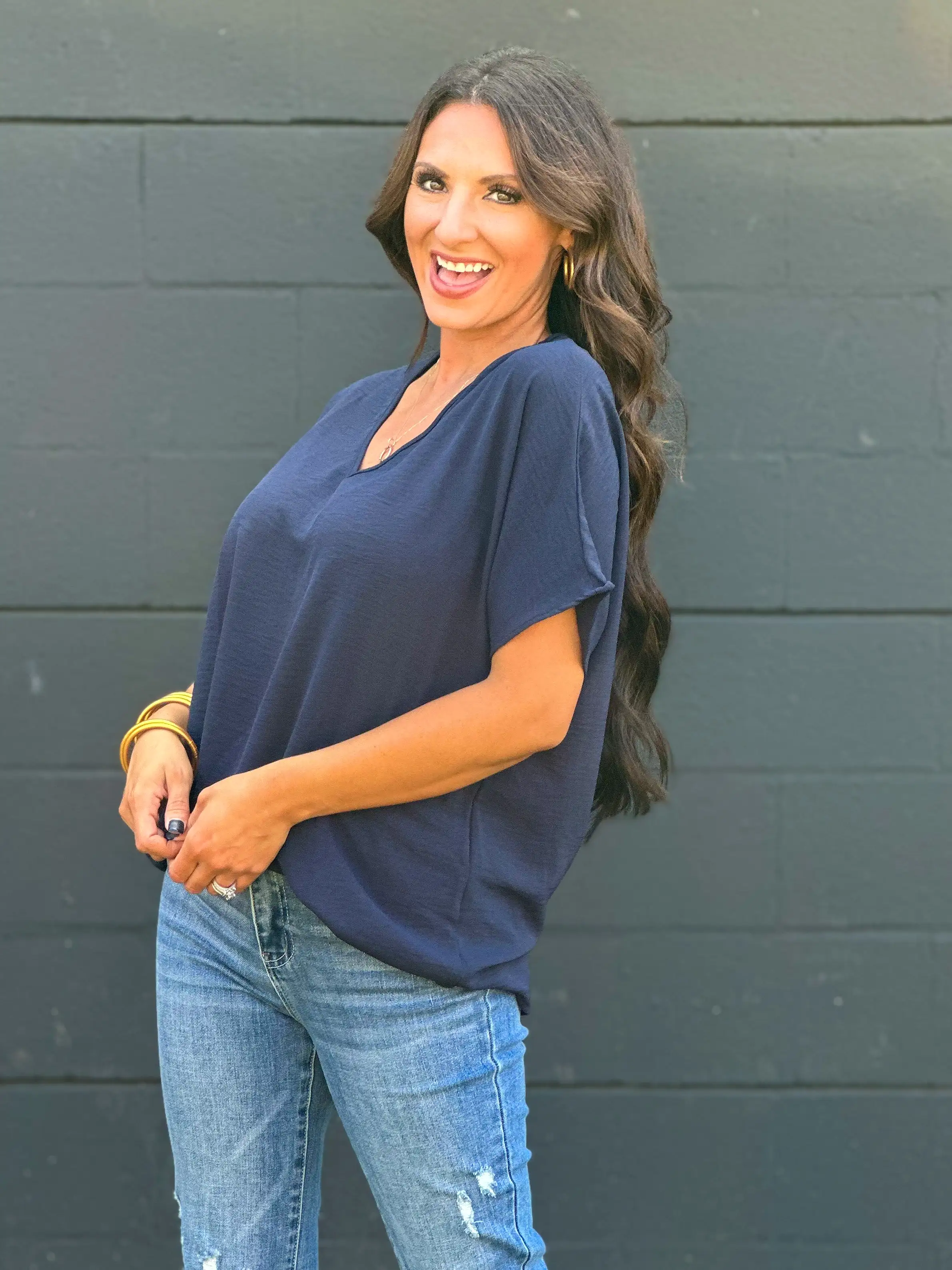 Who Am I V Neck Top - Navy