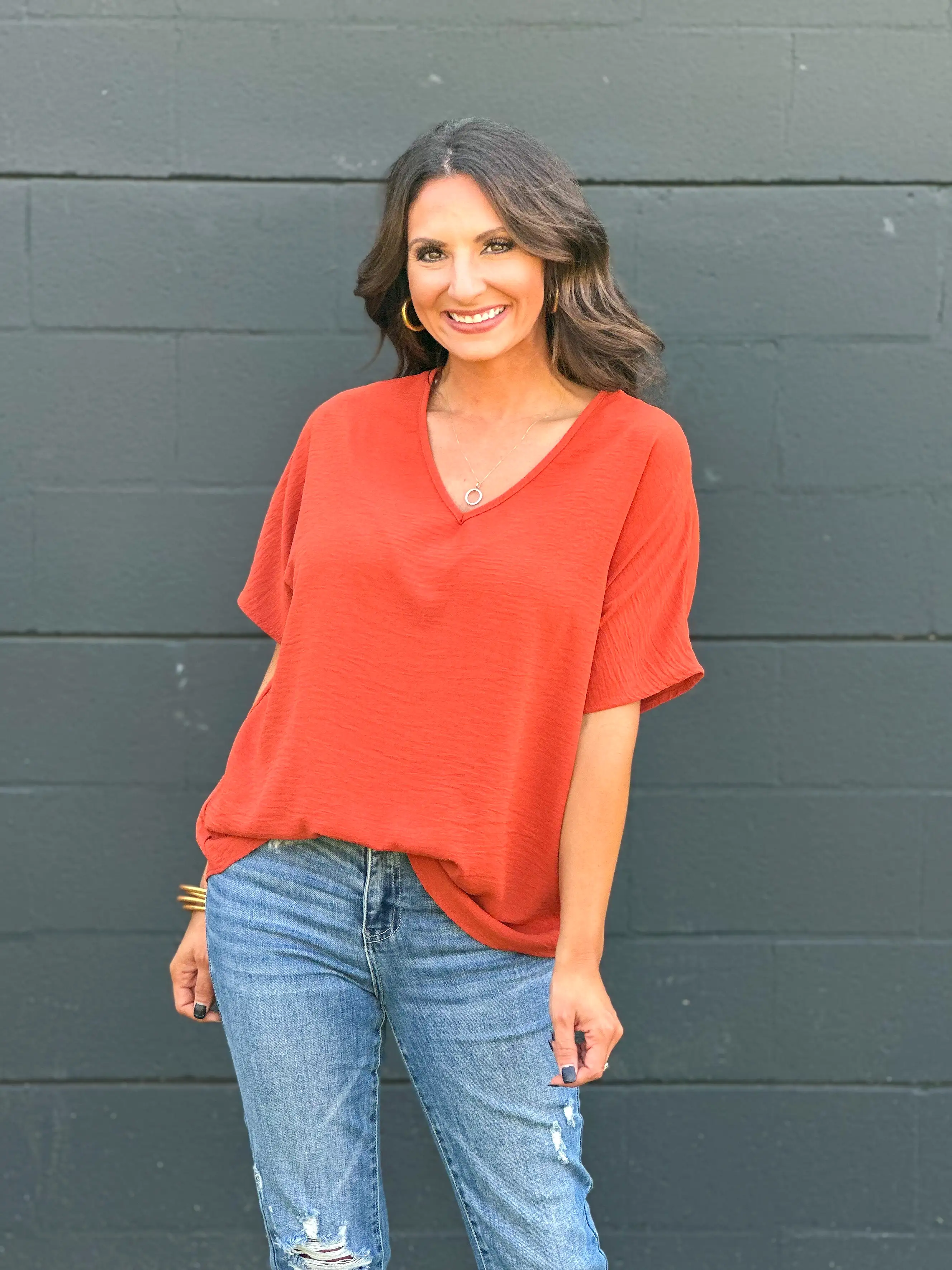 Who Am I V Neck Top - Rust